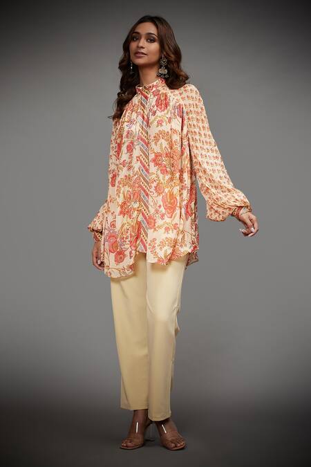 Buy_RI.Ritu Kumar_Beige Viscose Chinon Printed Floral Band Short Kurta _Online_at_Aza_Fashions