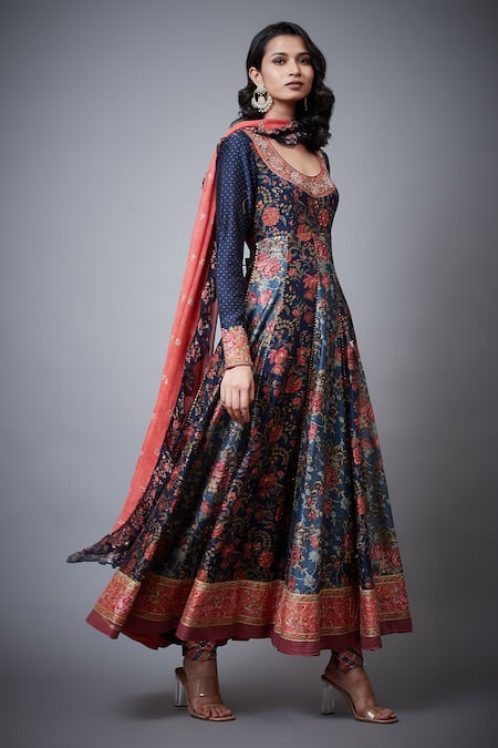 RI.Ritu Kumar Blue Anarkali -cotton Silk Printed Floral Round Set Online at Aza Fashions RI.Ritu Kumar_Blue Anarkali -cotton Silk Printed Floral Round Set _Online_at_Aza_Fashions