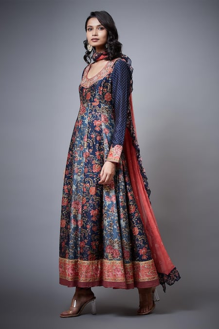 Buy RI.Ritu Kumar Blue Anarkali -cotton Silk Printed Floral Round Set Online at Aza Fashions Buy_RI.Ritu Kumar_Blue Anarkali -cotton Silk Printed Floral Round Set _Online_at_Aza_Fashions