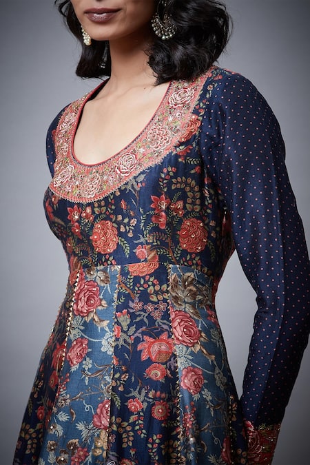 Shop RI.Ritu Kumar Blue Anarkali -cotton Silk Printed Floral Round Set Online at Aza Fashions Shop_RI.Ritu Kumar_Blue Anarkali -cotton Silk Printed Floral Round Set _Online_at_Aza_Fashions