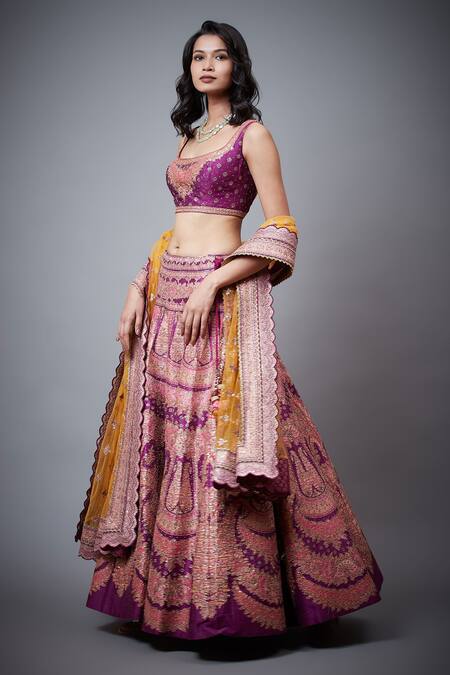 Buy RI.Ritu Kumar Purple Aari, Zardozi Square Neck Floral Embroidered Bridal Lehenga Set Online at Aza Fashions Buy_RI.Ritu Kumar_Purple Aari, Zardozi Square Neck Floral Embroidered Bridal Lehenga Set _Online_at_Aza_Fashions