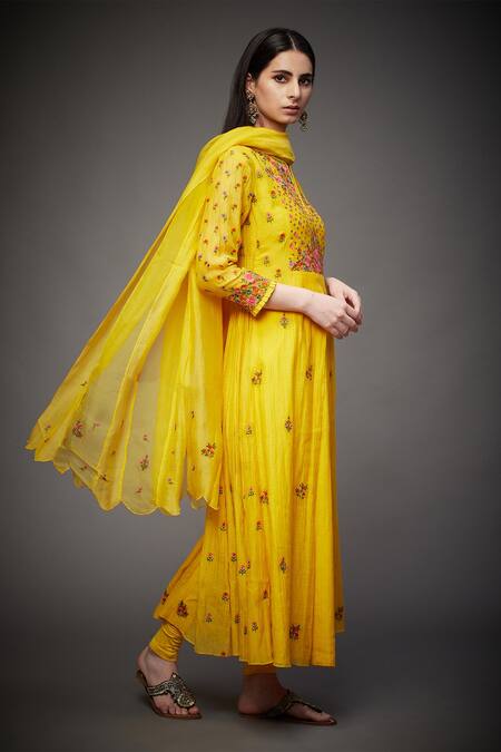 RI.Ritu Kumar_Yellow Anarkali And Gharara - Silk Chanderi Printed Floral Notched Set _Online_at_Aza_Fashions