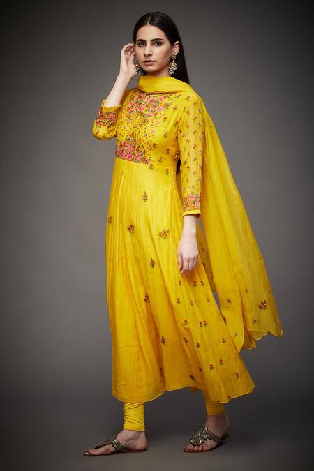 Buy_RI.Ritu Kumar_Yellow Anarkali And Gharara - Silk Chanderi Printed Floral Notched Set _Online_at_Aza_Fashions