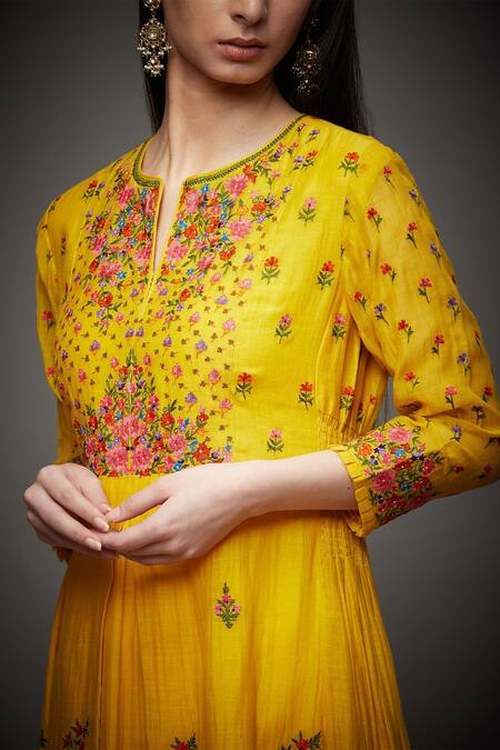 Shop_RI.Ritu Kumar_Yellow Anarkali And Gharara - Silk Chanderi Printed Floral Notched Set _Online_at_Aza_Fashions