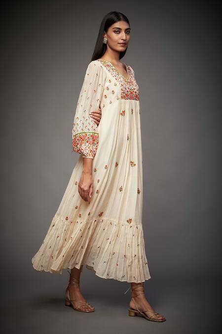 RI.Ritu Kumar_Beige Chanderi Silk Floral V Neck Dress _Online_at_Aza_Fashions