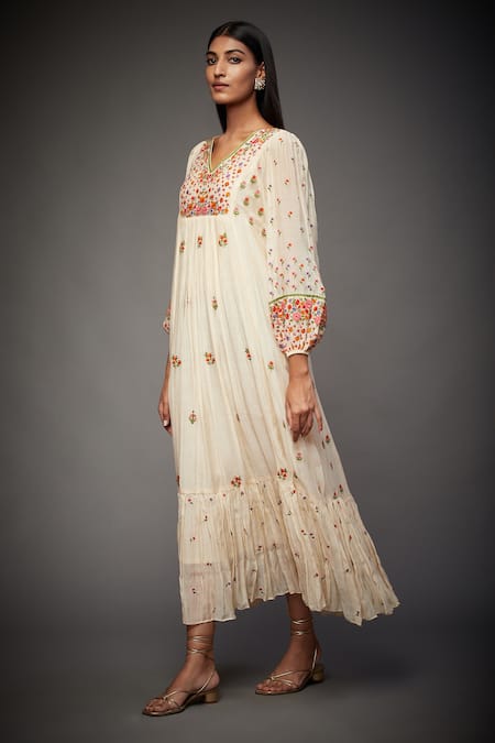 Buy_RI.Ritu Kumar_Beige Chanderi Silk Floral V Neck Dress _Online_at_Aza_Fashions