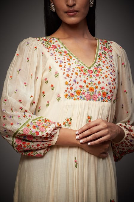 Shop_RI.Ritu Kumar_Beige Chanderi Silk Floral V Neck Dress _Online_at_Aza_Fashions
