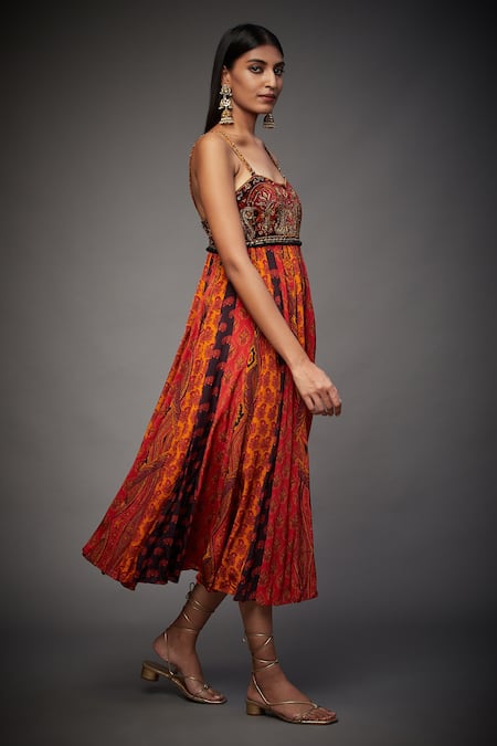RI.Ritu Kumar Multi Color Rayon Crepe Floral, Paisley V Neck Printed Strappy Dress Online at Aza Fashions RI.Ritu Kumar_Multi Color Rayon Crepe Floral, Paisley V Neck Printed Strappy Dress _Online_at_Aza_Fashions