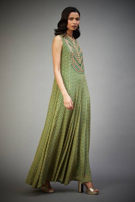 RI.Ritu Kumar_Green Viscose Crepe Floral Band Printed Sleeveless Jumpsuit _Online_at_Aza_Fashions