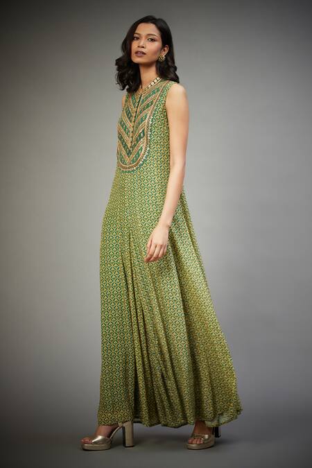 Buy_RI.Ritu Kumar_Green Viscose Crepe Floral Band Printed Sleeveless Jumpsuit _Online_at_Aza_Fashions