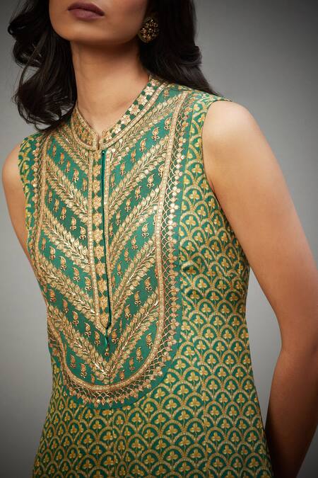 Shop_RI.Ritu Kumar_Green Viscose Crepe Floral Band Printed Sleeveless Jumpsuit _Online_at_Aza_Fashions