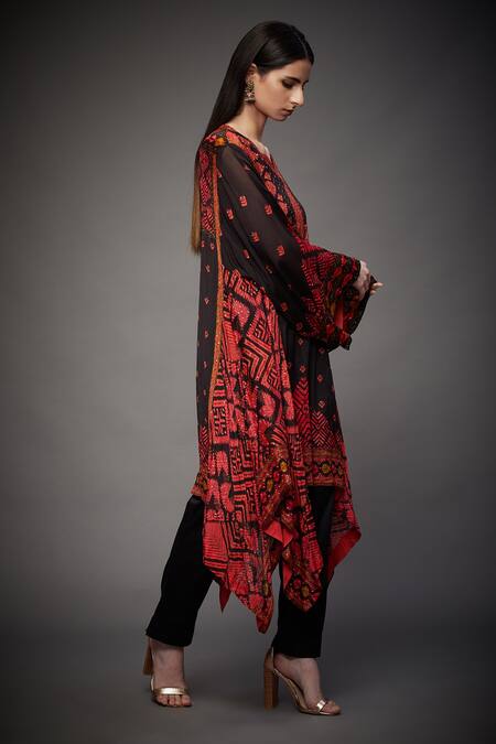 RI.Ritu Kumar_Black Viscose Printed Geometric Notched Asymmetric Kurta _Online_at_Aza_Fashions