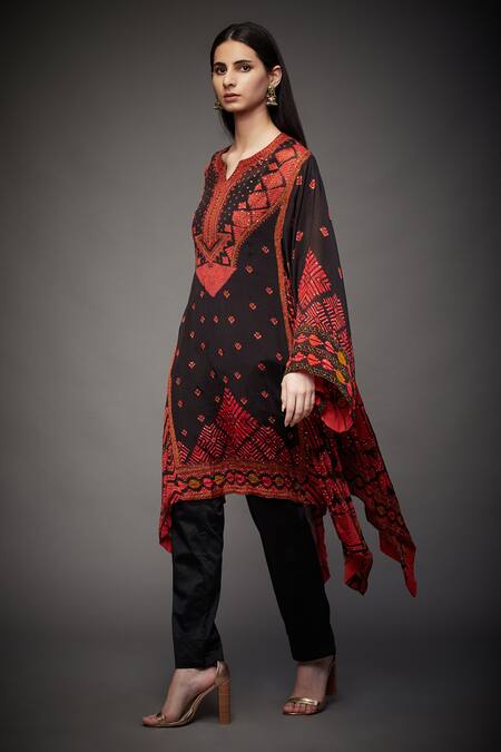 Buy_RI.Ritu Kumar_Black Viscose Printed Geometric Notched Asymmetric Kurta _Online_at_Aza_Fashions