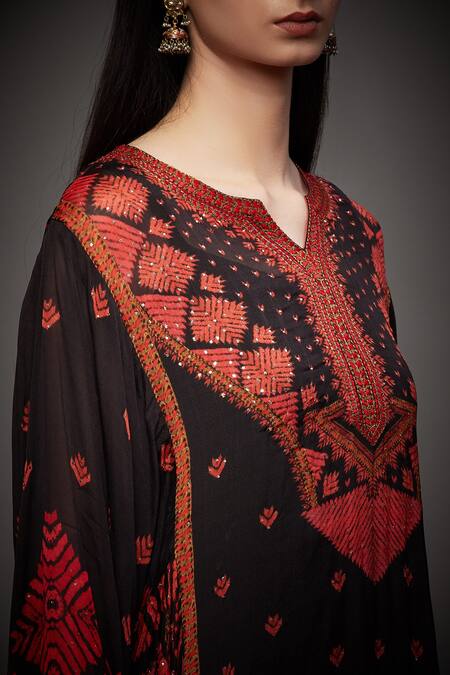 Shop_RI.Ritu Kumar_Black Viscose Printed Geometric Notched Asymmetric Kurta _Online_at_Aza_Fashions