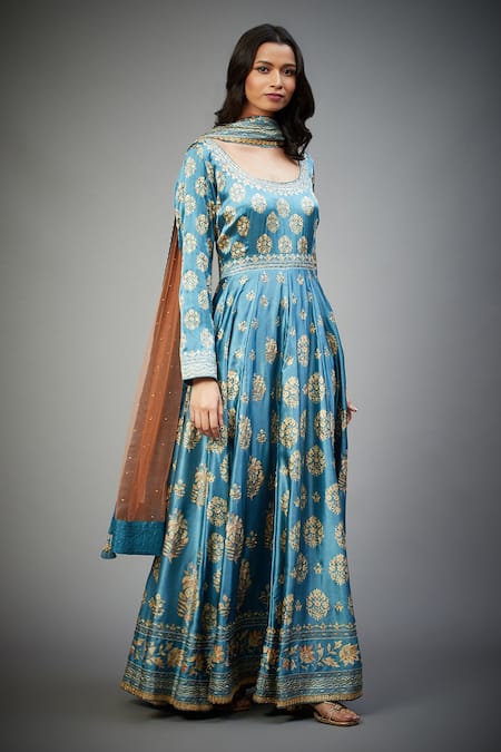 RI.Ritu Kumar_Blue Anarkali- Silk , Churidar - Viscose Lycra, Aari Embroidered Set_Online_at_Aza_Fashions