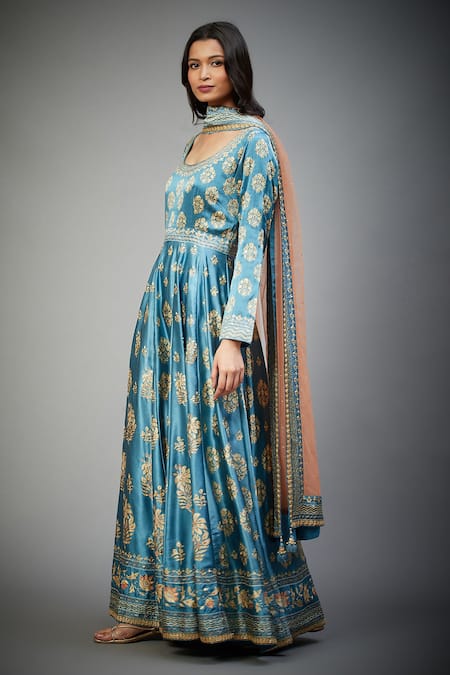 Buy_RI.Ritu Kumar_Blue Anarkali- Silk , Churidar - Viscose Lycra, Aari Embroidered Set_Online_at_Aza_Fashions