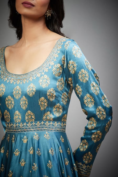 Shop_RI.Ritu Kumar_Blue Anarkali- Silk , Churidar - Viscose Lycra, Aari Embroidered Set_Online_at_Aza_Fashions