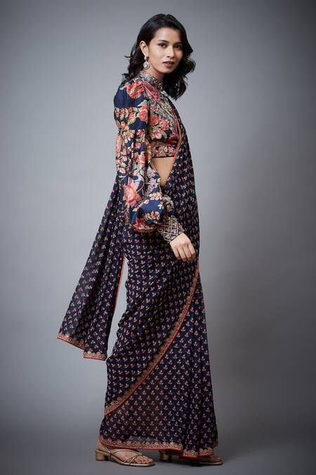 RI.Ritu Kumar_Blue Cotton Silk Printed Floral Mandarin Collar Saree With Blouse _Online_at_Aza_Fashions