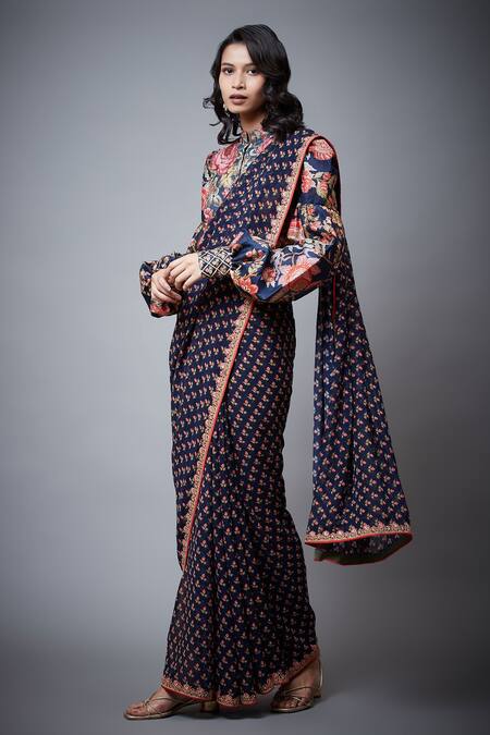 Buy_RI.Ritu Kumar_Blue Cotton Silk Printed Floral Mandarin Collar Saree With Blouse _Online_at_Aza_Fashions