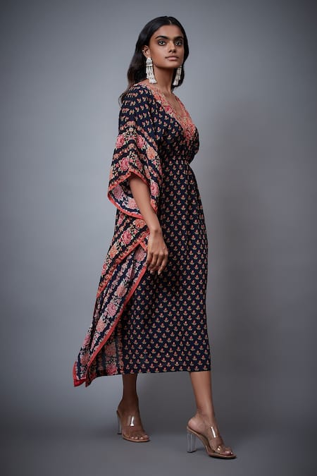 RI.Ritu Kumar_Blue Rayon Crepe Printed Floral V Neck Kaftan _Online_at_Aza_Fashions