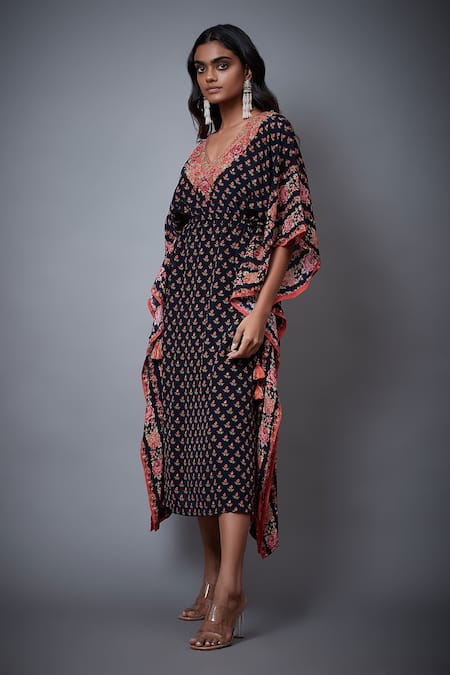 Buy_RI.Ritu Kumar_Blue Rayon Crepe Printed Floral V Neck Kaftan _Online_at_Aza_Fashions