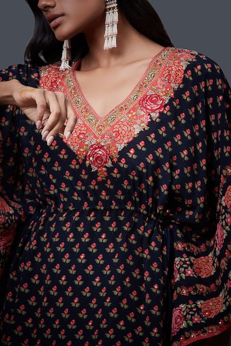 Shop_RI.Ritu Kumar_Blue Rayon Crepe Printed Floral V Neck Kaftan _Online_at_Aza_Fashions