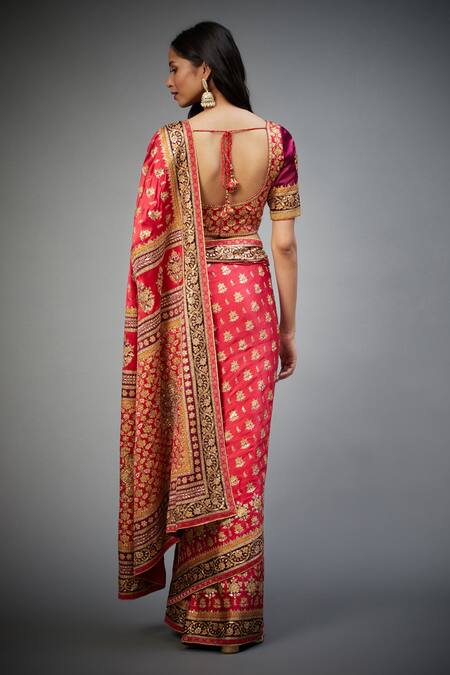 Shop RI.Ritu Kumar Red Silk Satin Aari Work Saree With Unstitched Blouse Piece at Aza Fashions Shop_RI.Ritu Kumar_Red Silk Satin Aari Work Saree With Unstitched Blouse Piece_at_Aza_Fashions