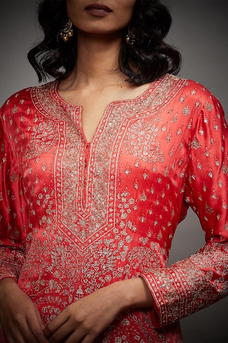 Shop_RI.Ritu Kumar_Red Embroidered Aari Work Notched Kurta Pant Set _Online_at_Aza_Fashions