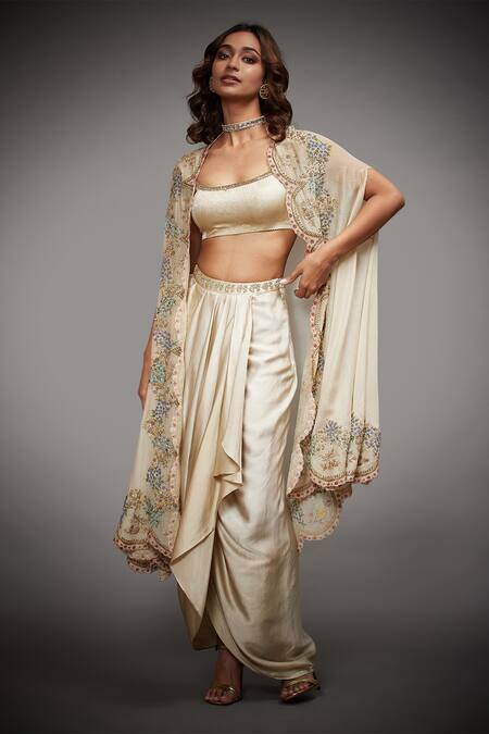 RI.Ritu Kumar Beige Cape - Silk Chanderi Embroidered Floral Cape Scallop And Draped Skirt Set 