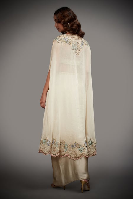 Shop RI.Ritu Kumar Beige Cape - Silk Chanderi Embroidered Floral Cape Scallop And Draped Skirt Set at Aza Fashions Shop_RI.Ritu Kumar_Beige Cape - Silk Chanderi Embroidered Floral Cape Scallop And Draped Skirt Set_at_Aza_Fashions