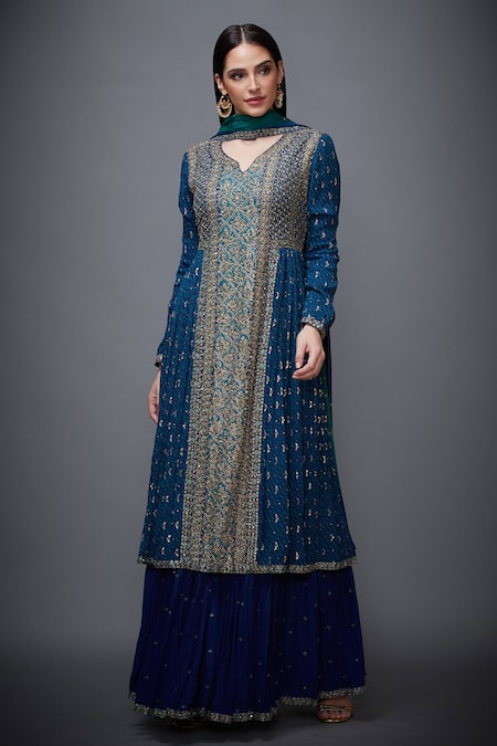 RI.Ritu Kumar Blue Silk Printed Floral Notched Embroidered Kurta Skirt Set 