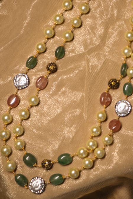 Ishhaara_Gold Plated Double Layered Shell Pearl Necklace _at_Aza_Fashions