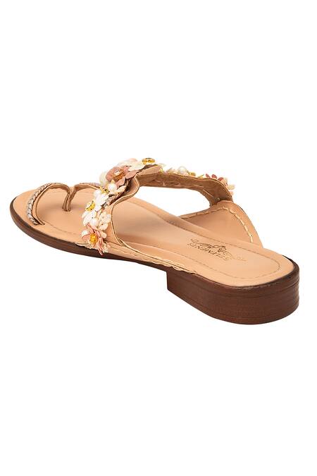 Buy_5elements_Peach 3d Floral Embellished Kolhapuri Flats _Online_at_Aza_Fashions