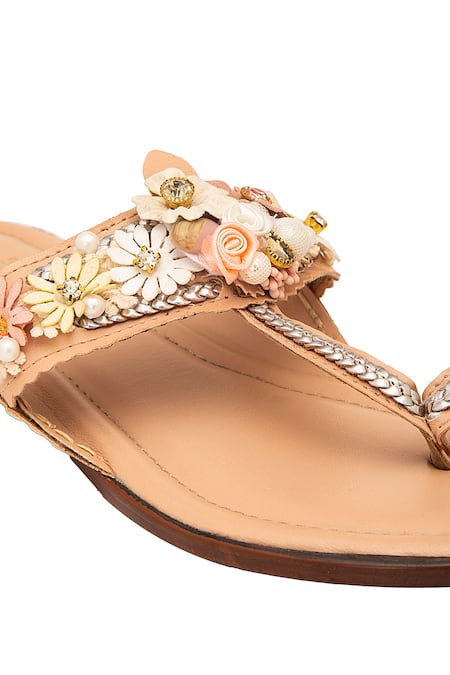 Shop_5elements_Peach 3d Floral Embellished Kolhapuri Flats _Online_at_Aza_Fashions