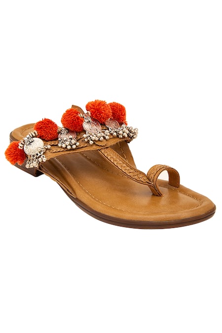 5Elements Embellished Kolhapuri Flats with Pom-Poms 