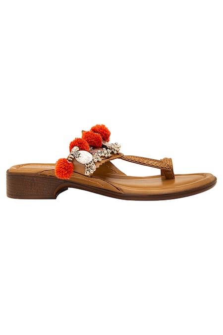 5elements_Beige Coin And Pom-pom Embellished Kolhapuri Flats _Online_at_Aza_Fashions