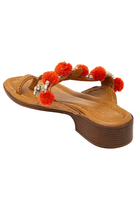 Buy_5elements_Beige Coin And Pom-pom Embellished Kolhapuri Flats _Online_at_Aza_Fashions