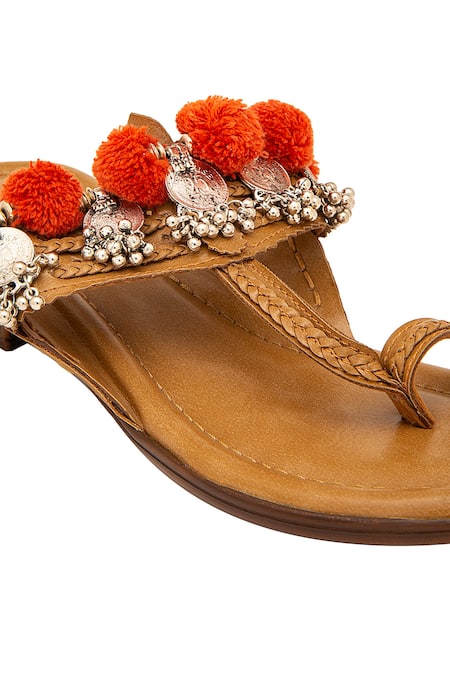 Shop_5elements_Beige Coin And Pom-pom Embellished Kolhapuri Flats _Online_at_Aza_Fashions
