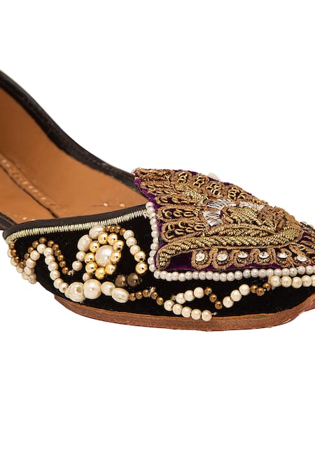Shop_5elements_Black Velvet Bead And Thread Embroidered Juttis _Online_at_Aza_Fashions