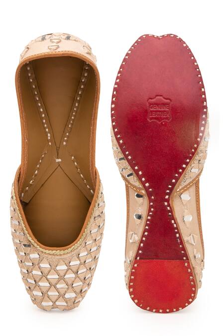 Shop 5elements White Mirror Embellished Silk Juttis at Aza Fashions Shop_5elements_White Mirror Embellished Silk Juttis _at_Aza_Fashions