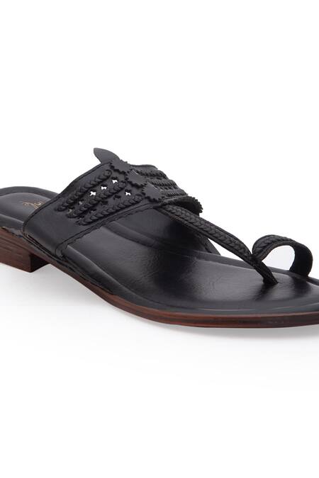 Shop_5elements_Black Braided Kolhapuri Flats _Online_at_Aza_Fashions