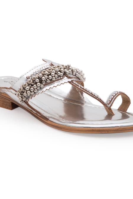 Shop_5elements_Silver Embellished Ghunghroo Kolhapuri Flats _Online_at_Aza_Fashions