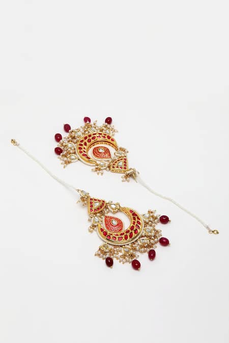 Dugran By Dugristyle_Gold Plated Pearls, Stones, Beads Kundan And Crescent Chandbalis With Ear Chain _Online_at_Aza_Fashions