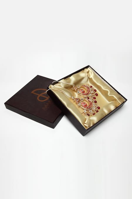 Buy_Dugran By Dugristyle_Gold Plated Pearls, Stones, Beads Kundan And Crescent Chandbalis With Ear Chain _Online_at_Aza_Fashions