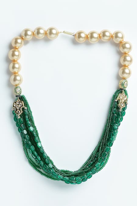 Dugran By Dugristyle Green Kundan Pearl Natural Stone Layered Necklace 