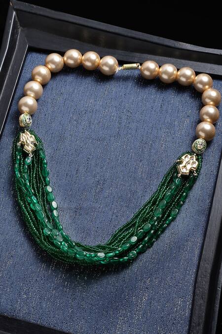 Dugran By Dugristyle Green Kundan Pearl Natural Stone Layered Necklace Online at Aza Fashions Dugran By Dugristyle_Green Kundan Pearl Natural Stone Layered Necklace _Online_at_Aza_Fashions