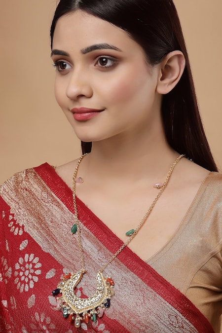 Shop Dugran By Dugristyle Multi Color Kundan Pearl Stone Drop Pendant Necklace at Aza Fashions Shop_Dugran By Dugristyle_Multi Color Kundan Pearl Stone Drop Pendant Necklace _at_Aza_Fashions