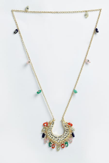 Dugran By Dugristyle Multi Color Kundan Pearl Stone Drop Pendant Necklace 