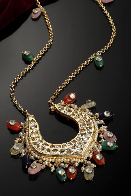 Dugran By Dugristyle Multi Color Kundan Pearl Stone Drop Pendant Necklace Online at Aza Fashions Dugran By Dugristyle_Multi Color Kundan Pearl Stone Drop Pendant Necklace _Online_at_Aza_Fashions