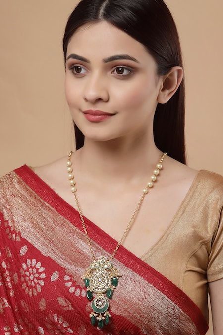 Shop Dugran By Dugristyle Gold Kundan, Pearls And Faux Emerald Pendant Necklace at Aza Fashions Shop_Dugran By Dugristyle_Gold Kundan, Pearls And Faux Emerald Pendant Necklace _at_Aza_Fashions